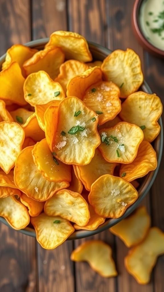 A bowl of crispy potato chips with herbs and a dip on a rustic wooden table.